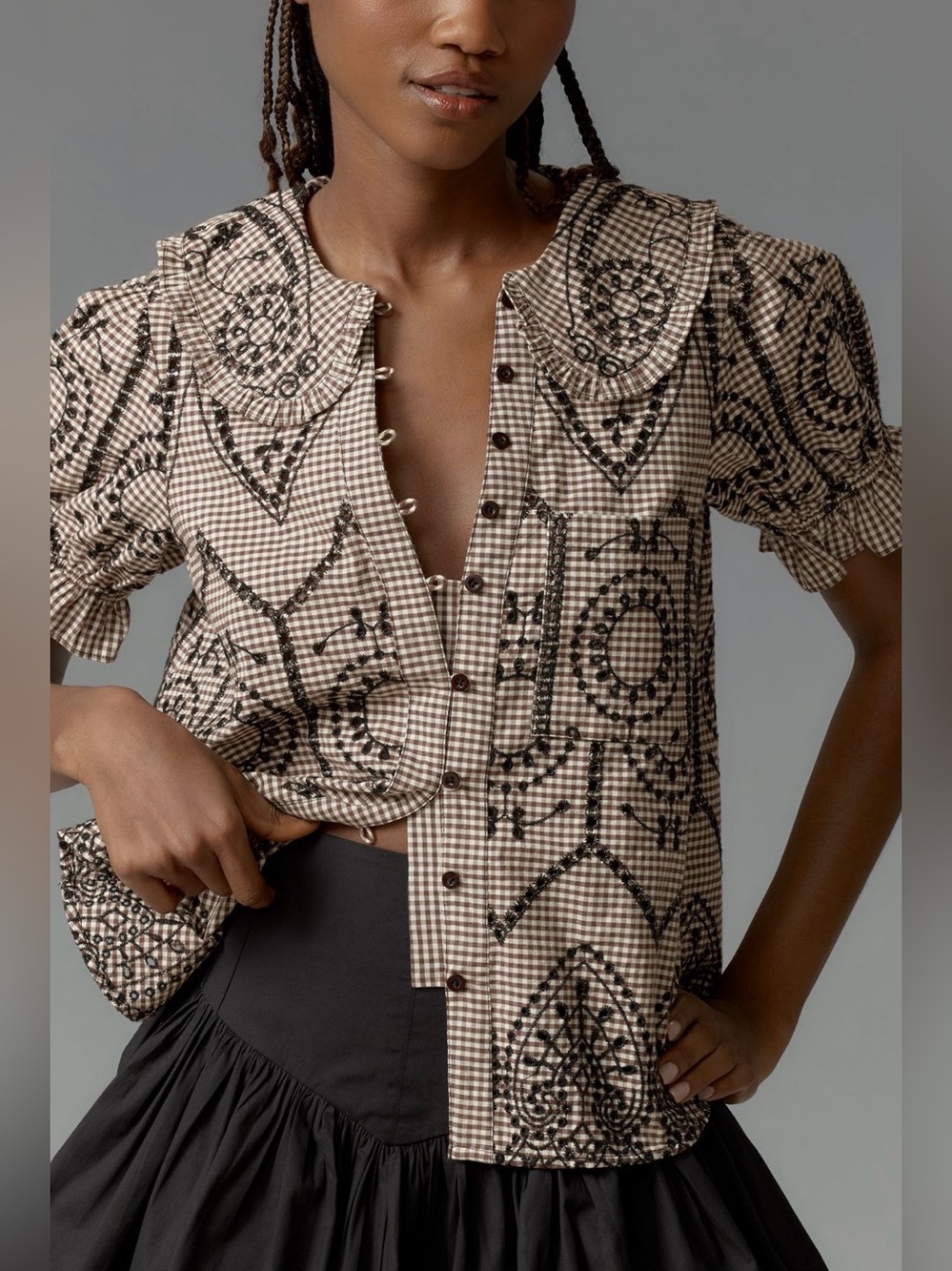 Anthro Pilcro Keira Gingham Blouse
Brown/White w Black Embroidered Eyelet M NWOT - Picture 2 of 12